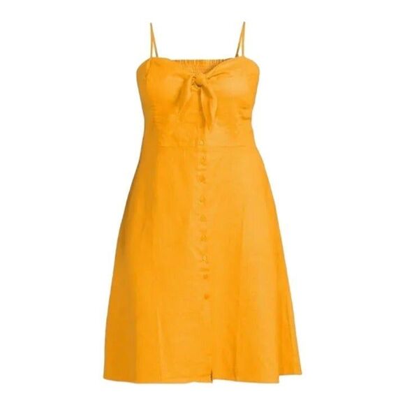 Sofia Vergara Midi Dress 2X Yellow Tie Front Spaghetti Strap Button Linen Blend - Picture 1 of 12
